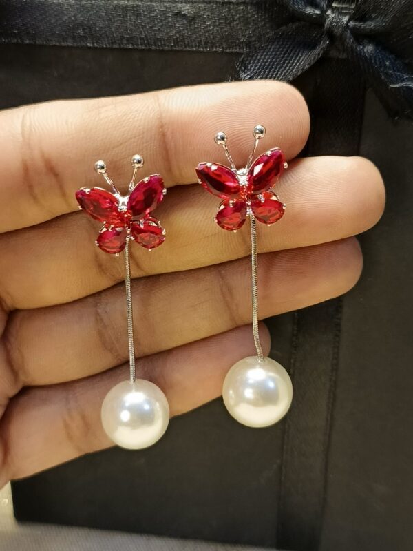 Ruby Butterfly Pearl Drop Earrings - Image 2