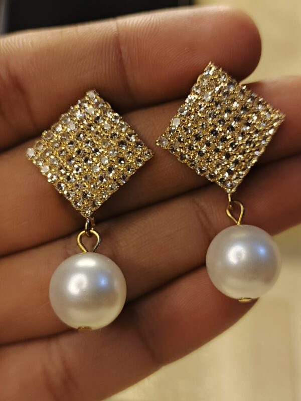 Gold Sparkling Square & Pearl Drop Earrings - Image 3