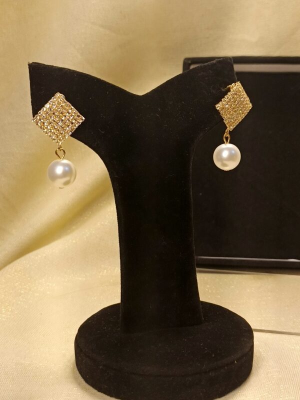 Gold Sparkling Square & Pearl Drop Earrings - Image 2