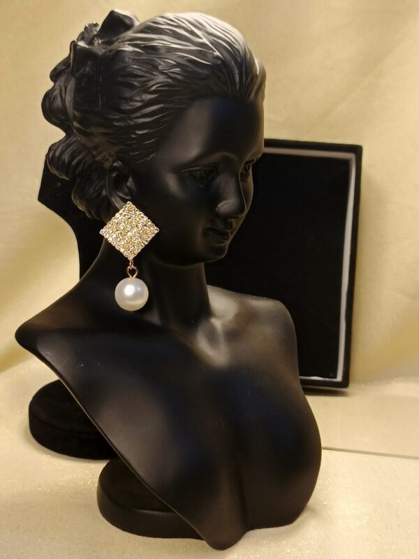 Gold Sparkling Square & Pearl Drop Earrings