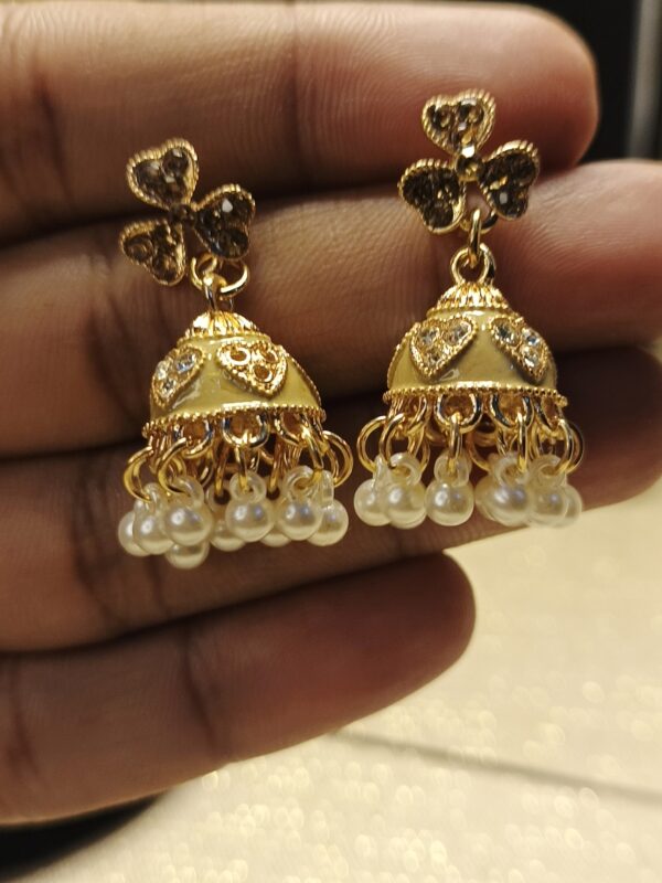 Gold-Plated Pearl & Stone Jhumka Earrings - Image 3
