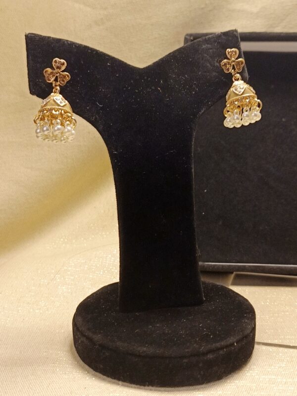Gold-Plated Pearl & Stone Jhumka Earrings - Image 2