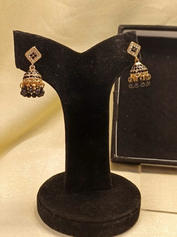 Black & Gold Crystal Jhumka Earrings - Image 2
