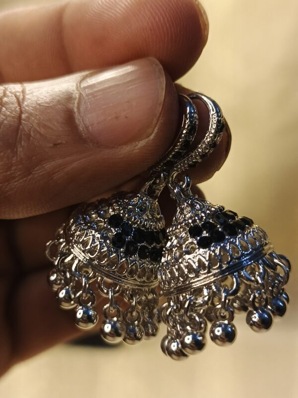 Timeless Silver Jhumka Earrings with Black Stones - Image 3